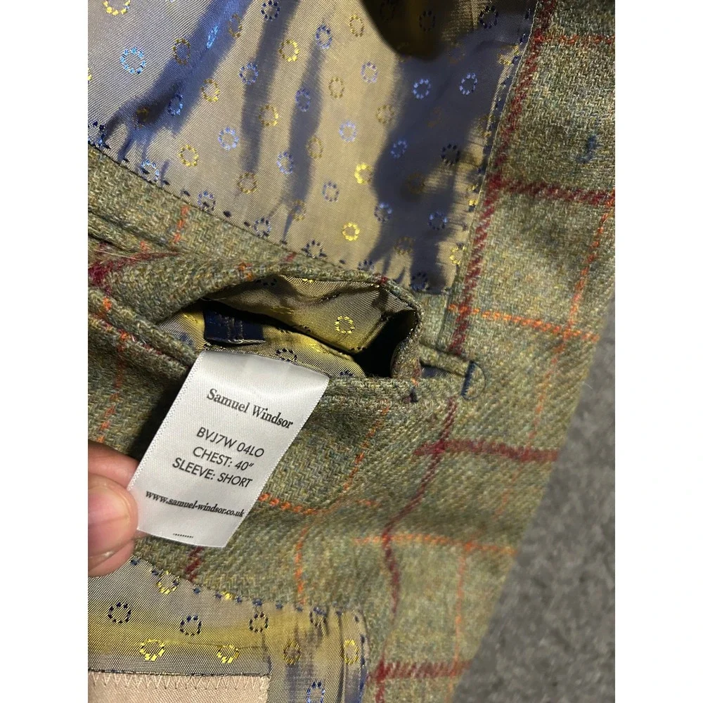 Samuel windsor british tweed blazer jacket mens windowpane green size 40 short